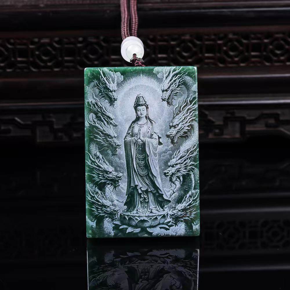 翡翠A货地藏王菩萨双面精工影雕高冰种精美玉石吊坠挂件观音