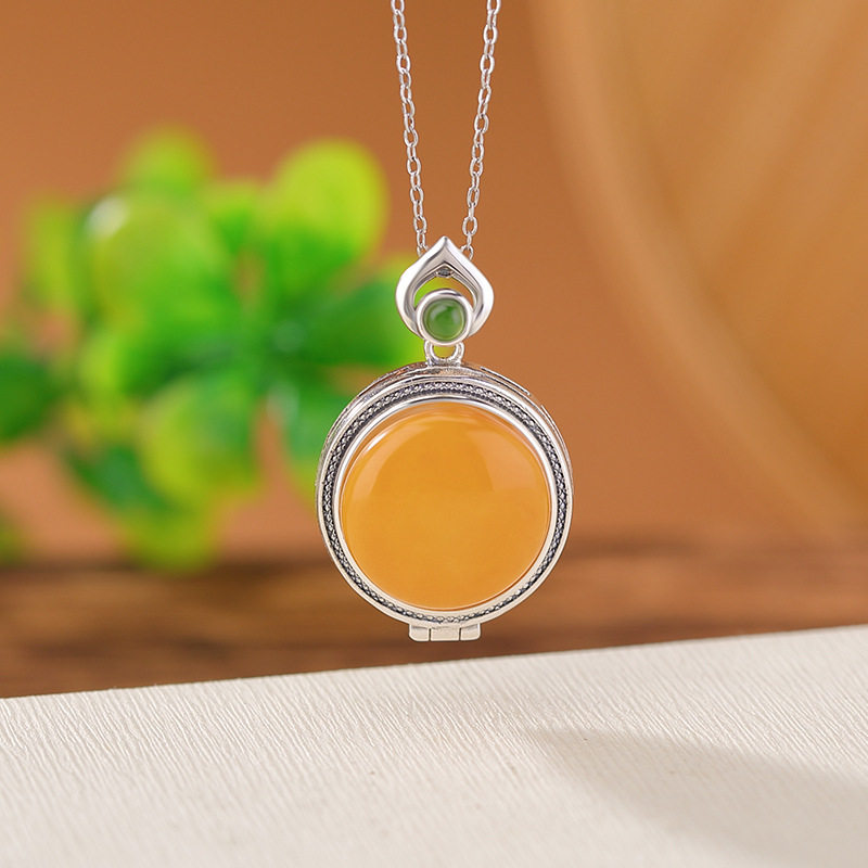 通体S925纯银蜜蜡和田玉碧玉复古做旧国潮珐琅孔雀香囊吊坠挂坠