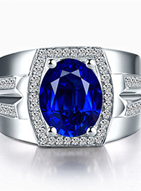 wish热卖至钻蓝钻男戒缅甸天然蓝宝石戒指镀18K金镶嵌流行戒指