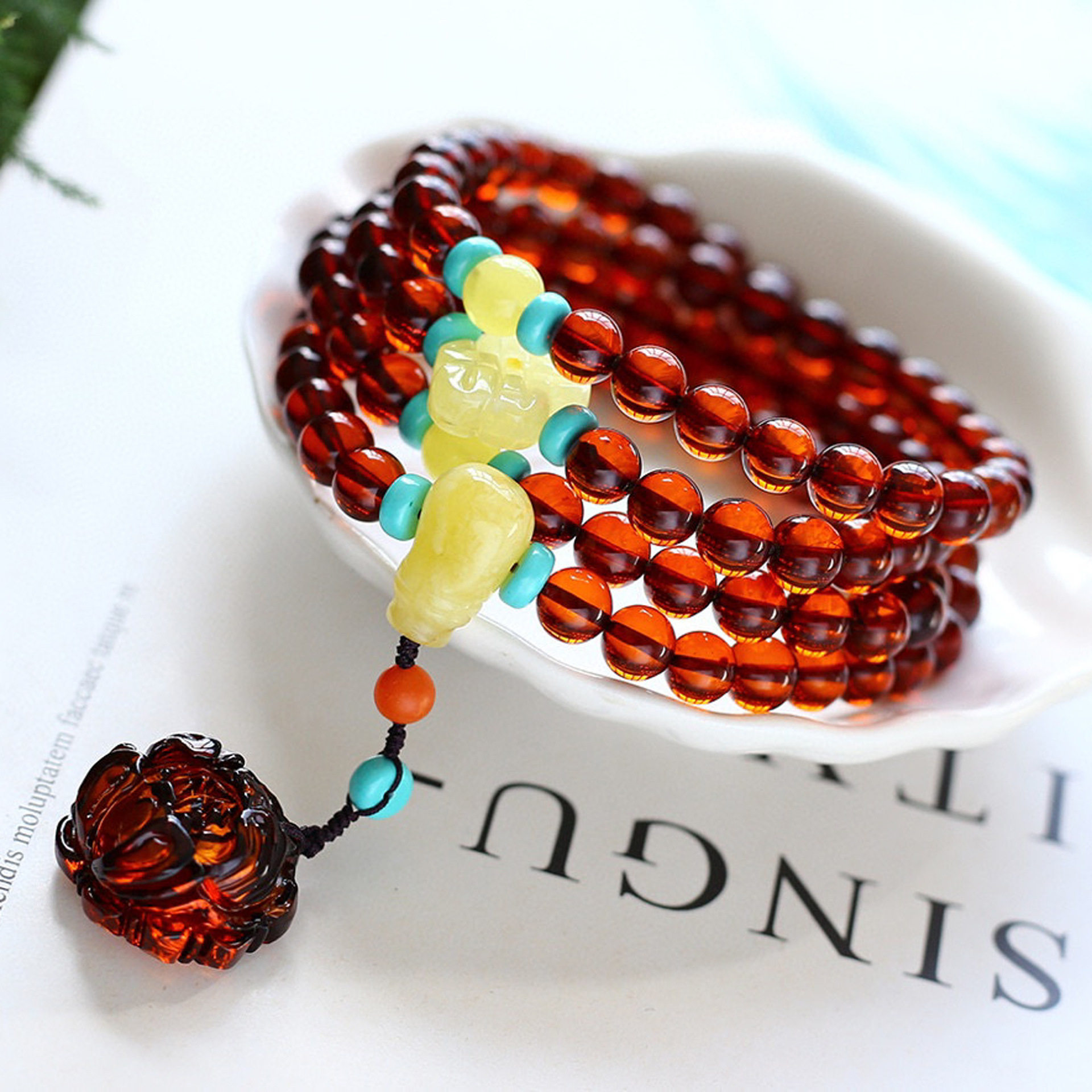 天然净水血珀7mm108粒佛珠手链项链两用款点缀牡丹花花开富贵吊坠