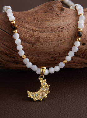 原创设计天然白贝虎眼彩宝串珠项链女S925通体纯银镶月光石吊坠