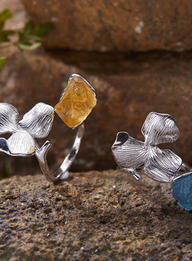 个性夸张设计S925纯银镶天然海蓝宝原石花瓣开口戒指轻奢高级感