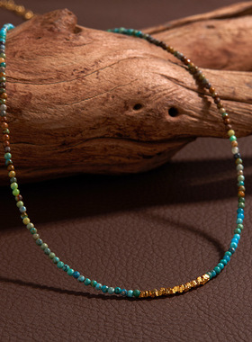 S925纯银天然松石彩宝项链女高级感蓝色手串珠个性拼接设计锁骨链