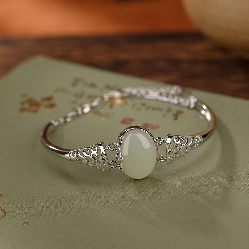 通体S925纯银天然和田玉蛋面个性镂空复古气质女士开口手镯手链