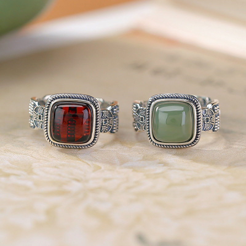 通体和田玉S925纯银晴水玉血珀算盘铜钱方形中式设计感戒指