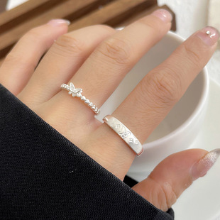 爆款蝴蝶白银戒指女ins个性简约小众饰品叠口925纯银戒指