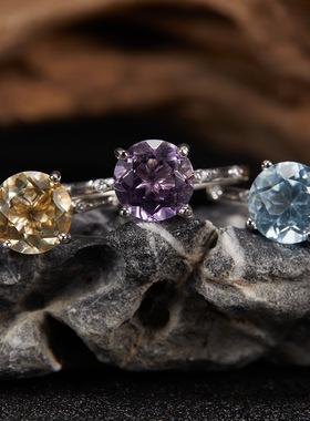 Temu欧美直播热卖S925纯银天然黄水晶紫水晶托帕石彩宝戒指女