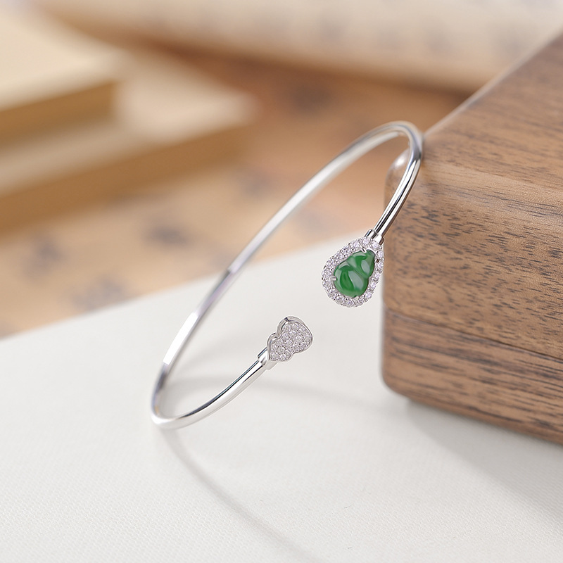 通体S925纯银蓝水翡翠绿翡翠复古国风福禄葫芦手镯简约开口手环