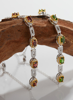 S925纯银镶天然石榴石透辉石彩宝手链女满钻轻奢高级感饰品