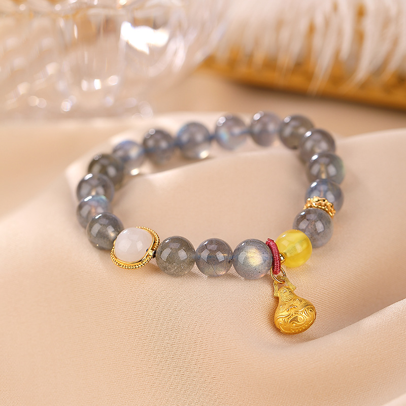 通体S925纯银镀金和田玉白玉蜜蜡灰月光石简约气质圆珠葫芦手链