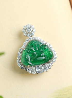 通体纯银镶嵌翡翠佛公冰种吊坠女士高档玉石送礼项链挂件玉坠