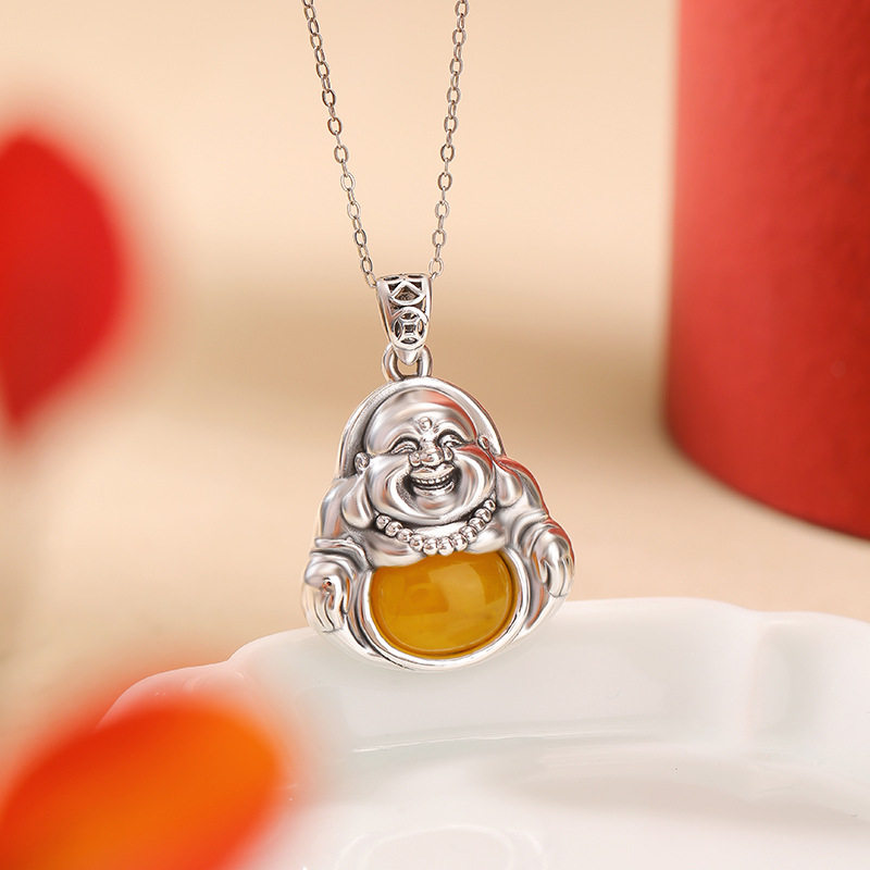 通体纯银S999足银蜜蜡复古做旧弥勒佛蛋面吊坠国风佛公个性银挂坠
