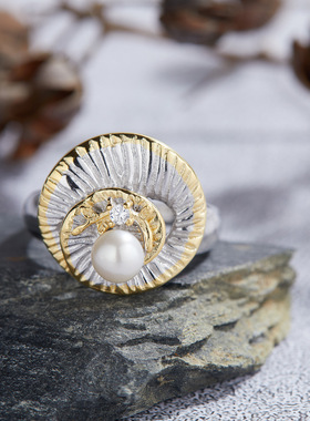 原创个性设计树叶蜥蜴元素S925纯银镶天然珍珠戒指女套装