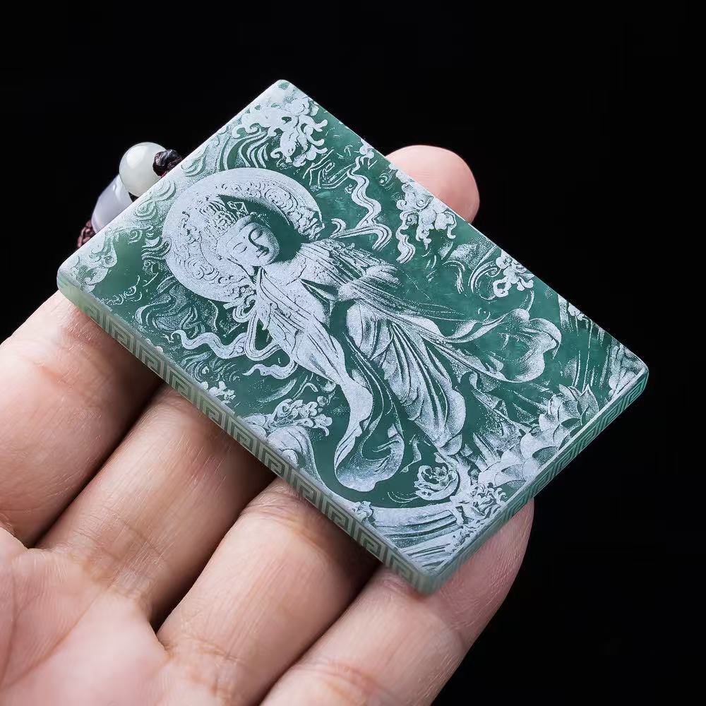 天然A货翡翠送子观音牌双面精工影雕种老玉石吊坠挂件玉佩高