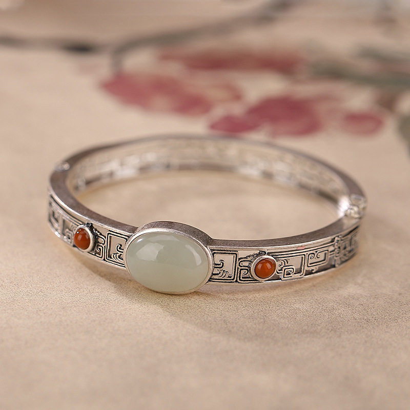 通体S925纯银南红天然和田玉蛋面镂空回纹手镯复古个性女士手环
