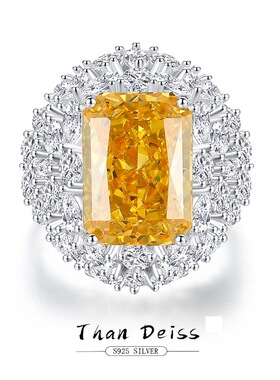 欧美跨境S925银豪华黄钻长方满钻戒指高碳钻锆石雷迪恩切割戒指女