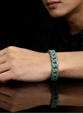 天然A货翡翠豆绿古巴链手链玉石钛钢嘻哈风格个性男女潮流手饰