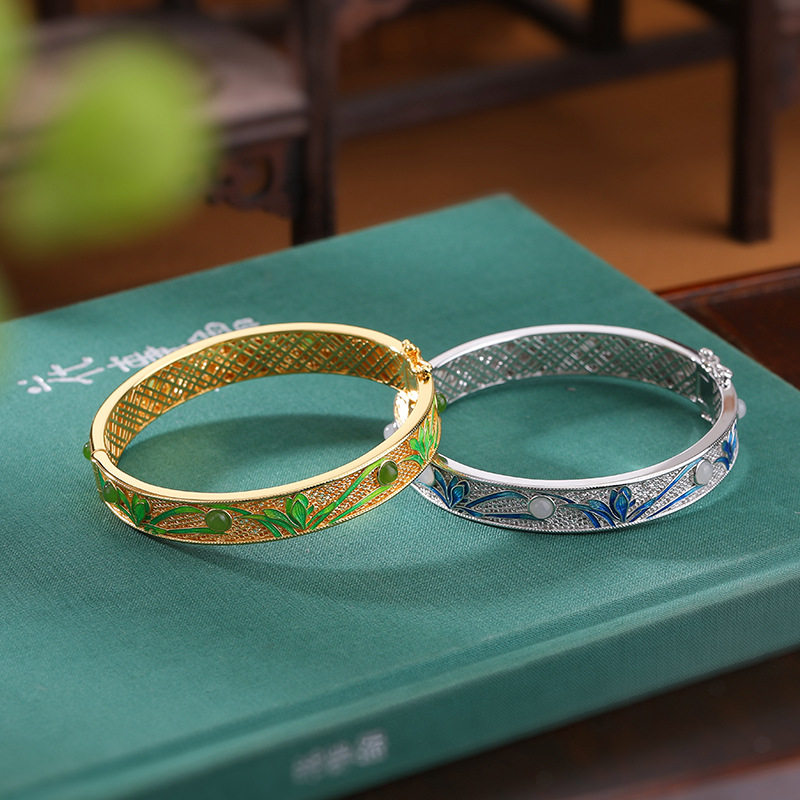 通体S925纯银镀金和田玉碧玉竹叶手镯新中式复古优雅气质银手环