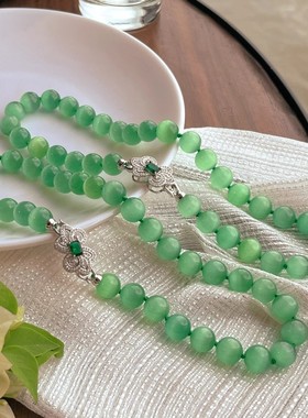 超美果绿色人造猫眼石锁骨链 12mm大颗粒人造水晶项链 颗颗打结
