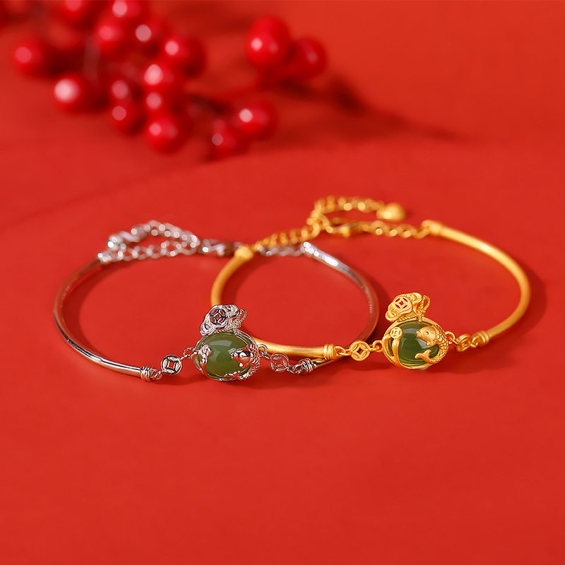 通体S925纯银镀金和田玉碧玉国潮好运锦鲤钱币福袋手链鲤鱼手饰