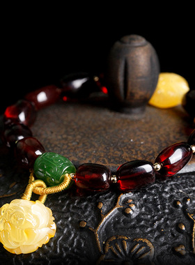 天然血珀随型手链9*12mm原创搭配蜜蜡花开富贵碧玉