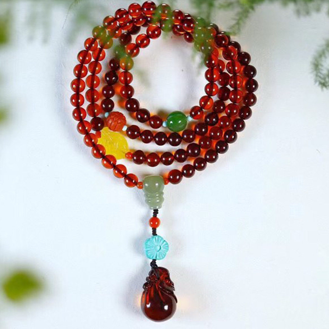 天然净水6.5mm血珀佛珠108颗琥珀项链手链两用四圈手串支持复检