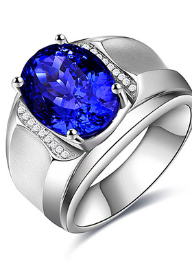 新款时尚镀18K铂金镶嵌天然钻石彩色蓝宝石戒指坦桑石戒指
