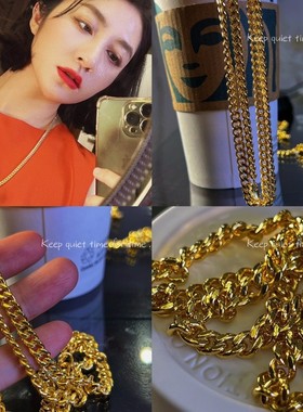 40克左右S925银镀金粗古巴链长款项链嘻哈项链