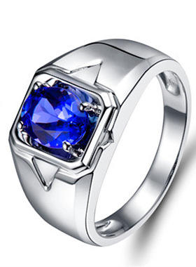 新款开口蓝宝石坦桑石戒指对称三角设计型男镶嵌蓝锆石戒指