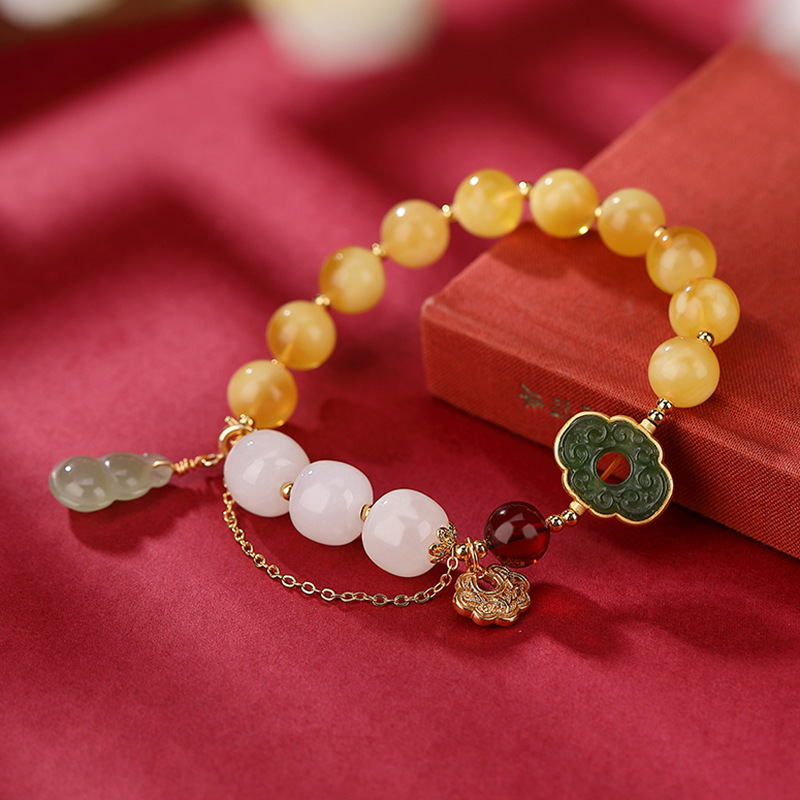 通体S925纯银镀金蜜蜡和田玉路路通葫芦手串如意花纹女士款手链