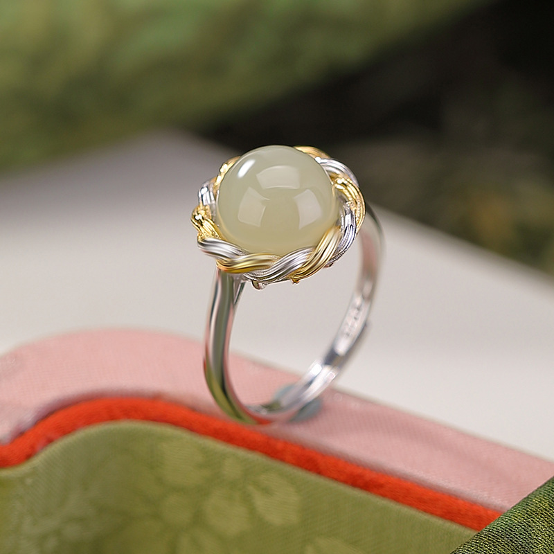 通体S925纯银天然和田玉晴水玉扭麻圆形几何百搭银戒指开口指环