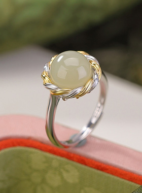 通体S925纯银天然和田玉晴水玉扭麻圆形几何百搭银戒指开口指环