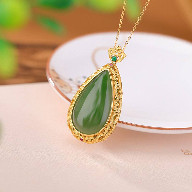 通体S925纯银镀金和田玉碧玉复古新中式唐草纹镂空水滴吊坠挂坠