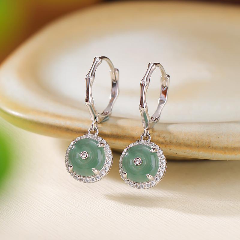 通体S925纯银蓝水翡翠复古国风竹节平安扣耳环节节高升钱币耳坠