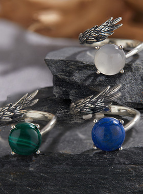 S925纯银天然孔雀石青金白玛瑙彩宝泰银戒指女小众羽毛设计开口戒