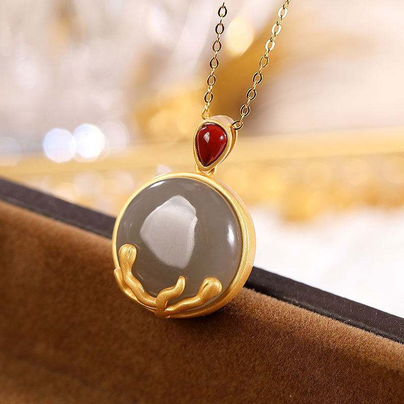 通体S925纯银镀金镶嵌天然和田玉烟紫套链鹿角平安扣女士吊坠