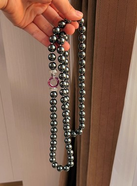 12mm大溪地黑施家人造珍珠项链毛衣链女复古风秋冬百搭暗色系