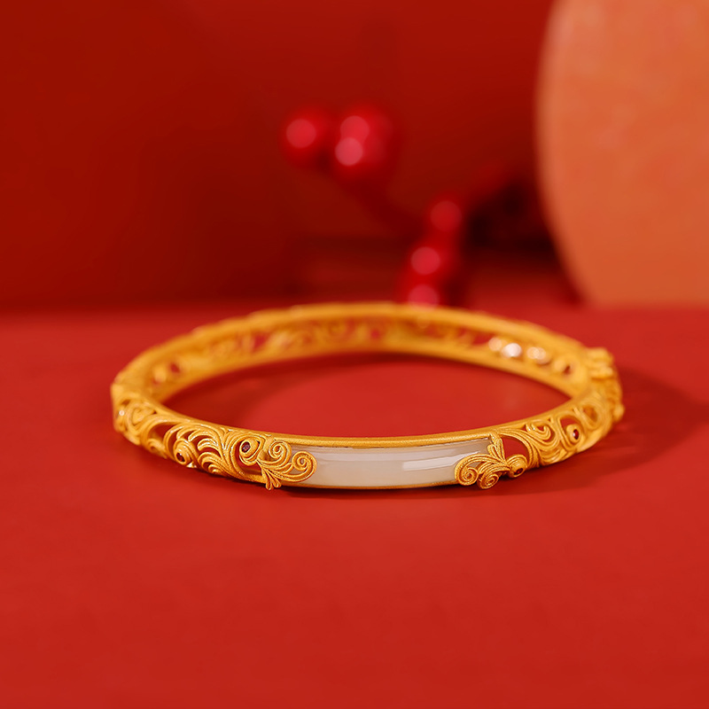 通体S925纯银镀金和田玉宫廷设计款镂空如意无事牌手镯气质手环