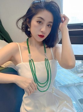 可拆开天然起光绿玉髓双层项链简约绿色玉石玛瑙毛衣链