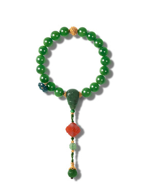 现货天然和田碧玉手串女款S925银镀18K金南红9mm圆珠手链源头