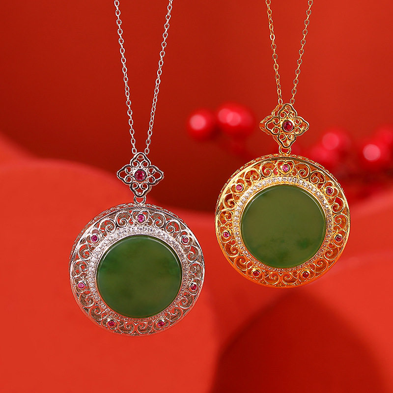 通体S925纯银镀金和田玉碧玉复古祥云如意圆形镂空吊坠气质挂坠