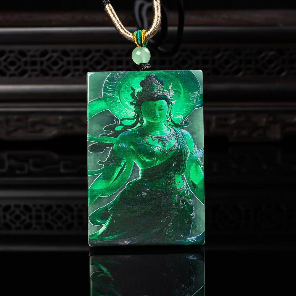 天然A货翡翠南海观音牌蓝水料影雕高冰玉石吊坠挂件玉佩玉器