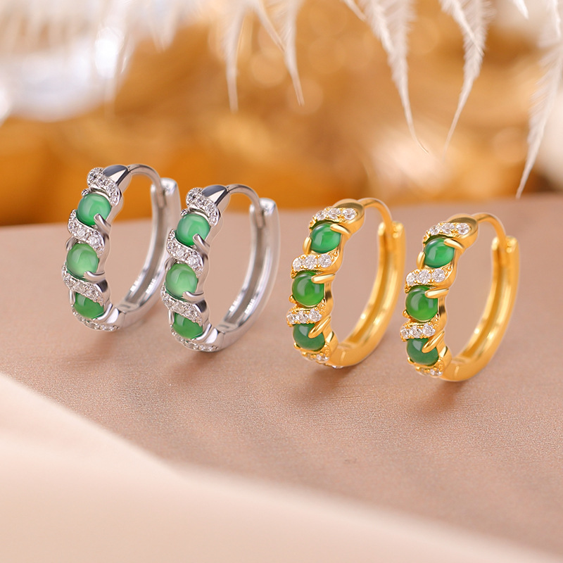 通体S925纯银翡翠复古简约气质圆珠耳环时尚轻奢百搭几何银耳夹