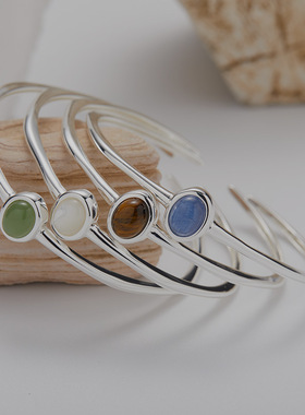 极简时尚彩宝饰品S925纯银镶天然碧玉虎眼蓝白贝手镯直播爆款