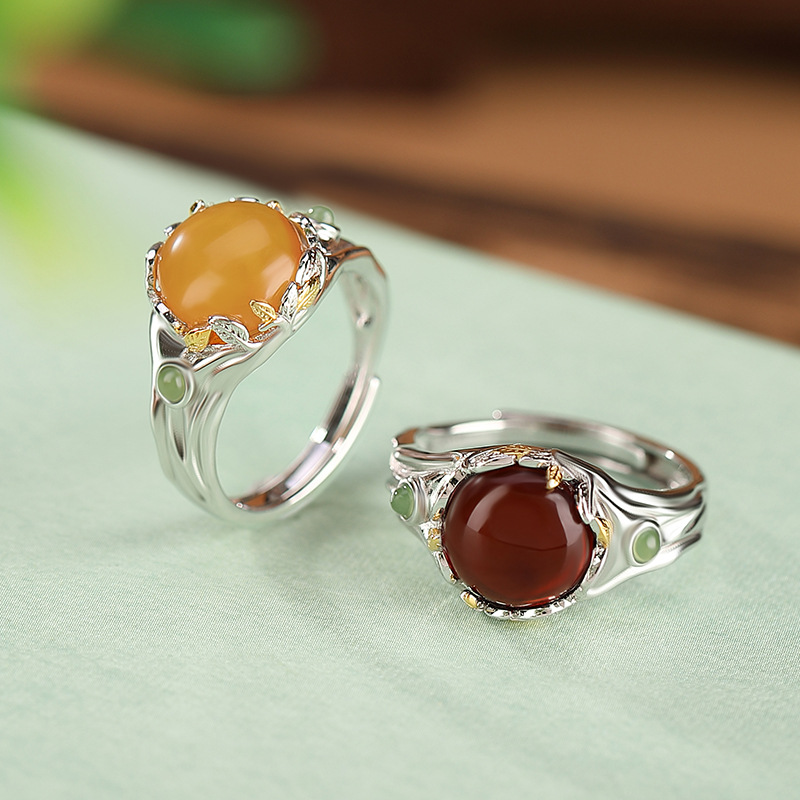 通体S990足银镀金和田玉碧玉蜜蜡血珀复古时尚叶子圆形戒指指环