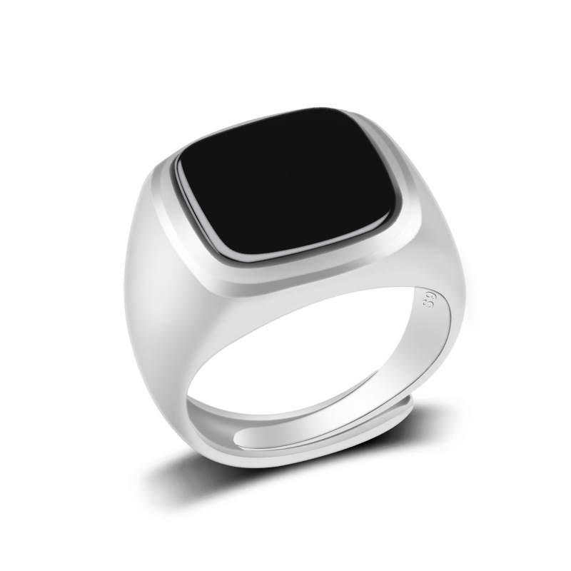 A货墨翠方面戒指S925银镶嵌高档大气可调节男款男戒