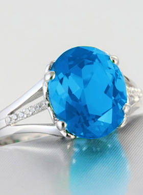 热卖开口海蓝钻蓝宝石戒指镀18K白金镶嵌蓝宝石鹅蛋宝石戒指