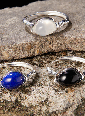 S925纯银天然黑玛瑙白玛瑙青金彩宝戒指女独特时尚百搭小红书热卖