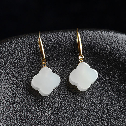 老料和田玉白玉四叶草耳坠18K金镶天然玉石耳环耳钩耳环女款