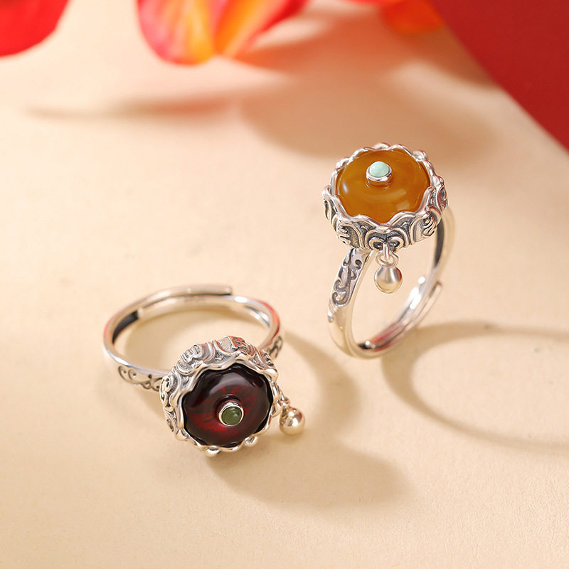 通体纯银S925纯银蜜蜡血珀复古莲花平安扣六字真言转动戒指银指环